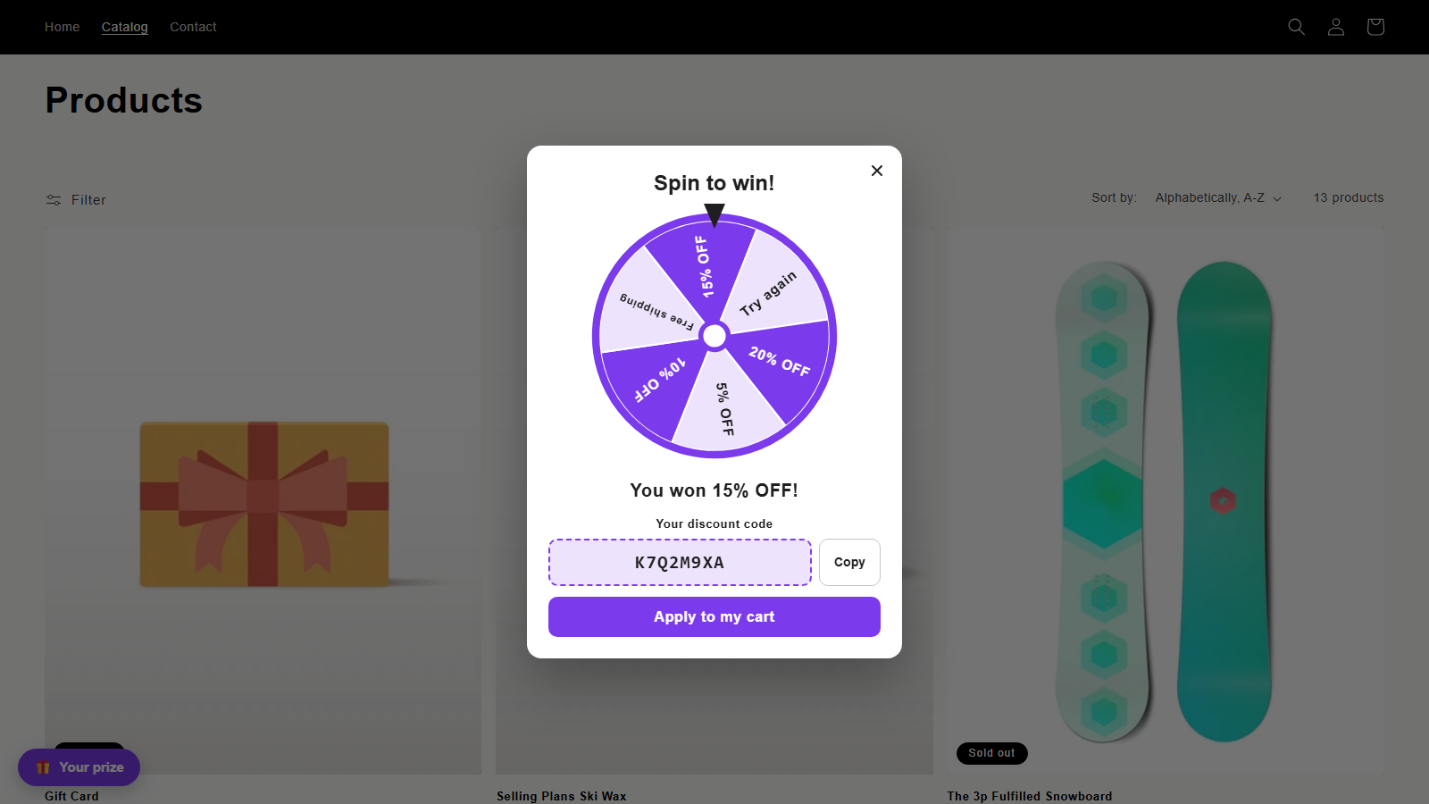 A shopper won 15% OFF and gets a single-use code to apply to the cart