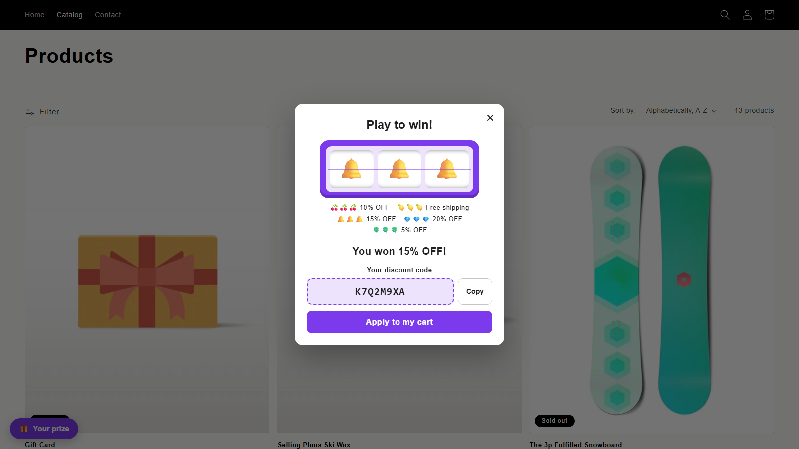 Slot machine with three bells in a row and the shopper's discount code