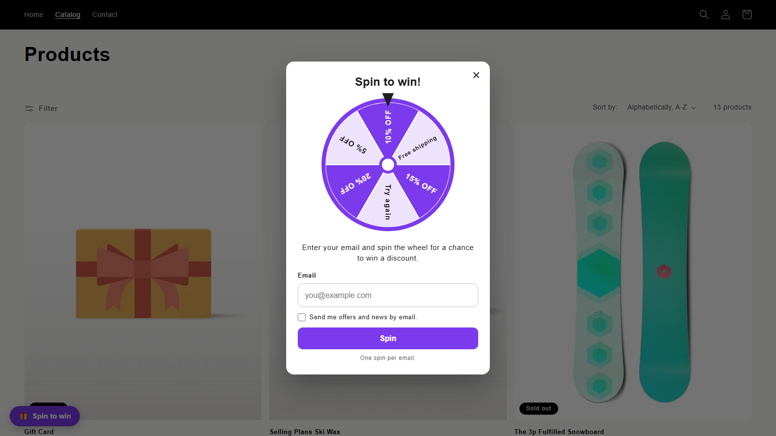 Spin wheel window on a store, asking shoppers for their email to play
